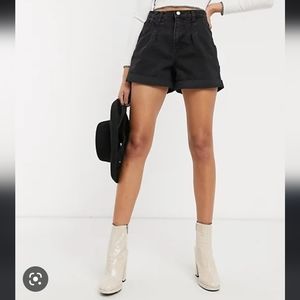 Topshop Rolled Hem Cuffed Denim Mom Shorts in washed black